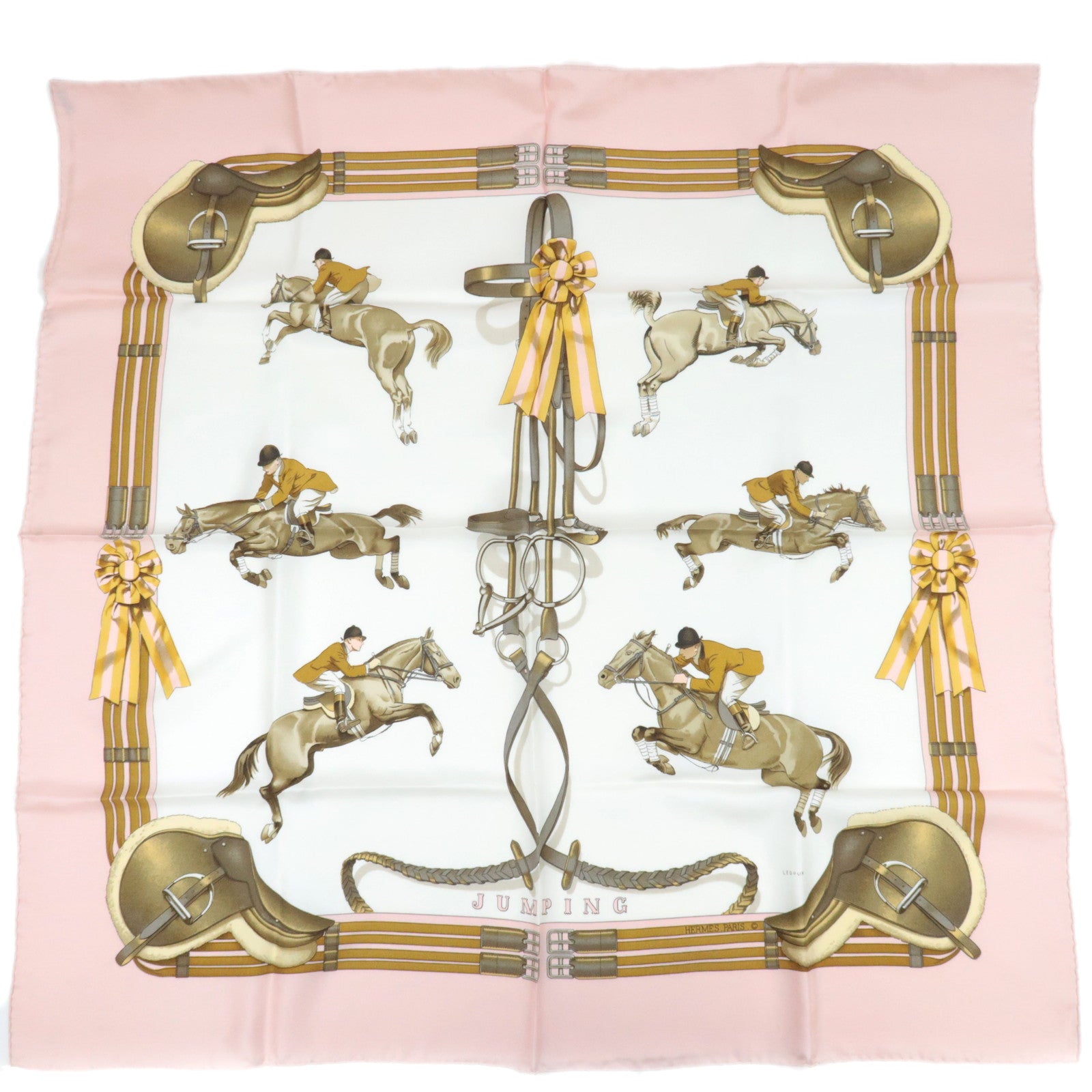 HERMES Carre 90 Scarf LEDOUX JUMPING 100% Silk Pink87267