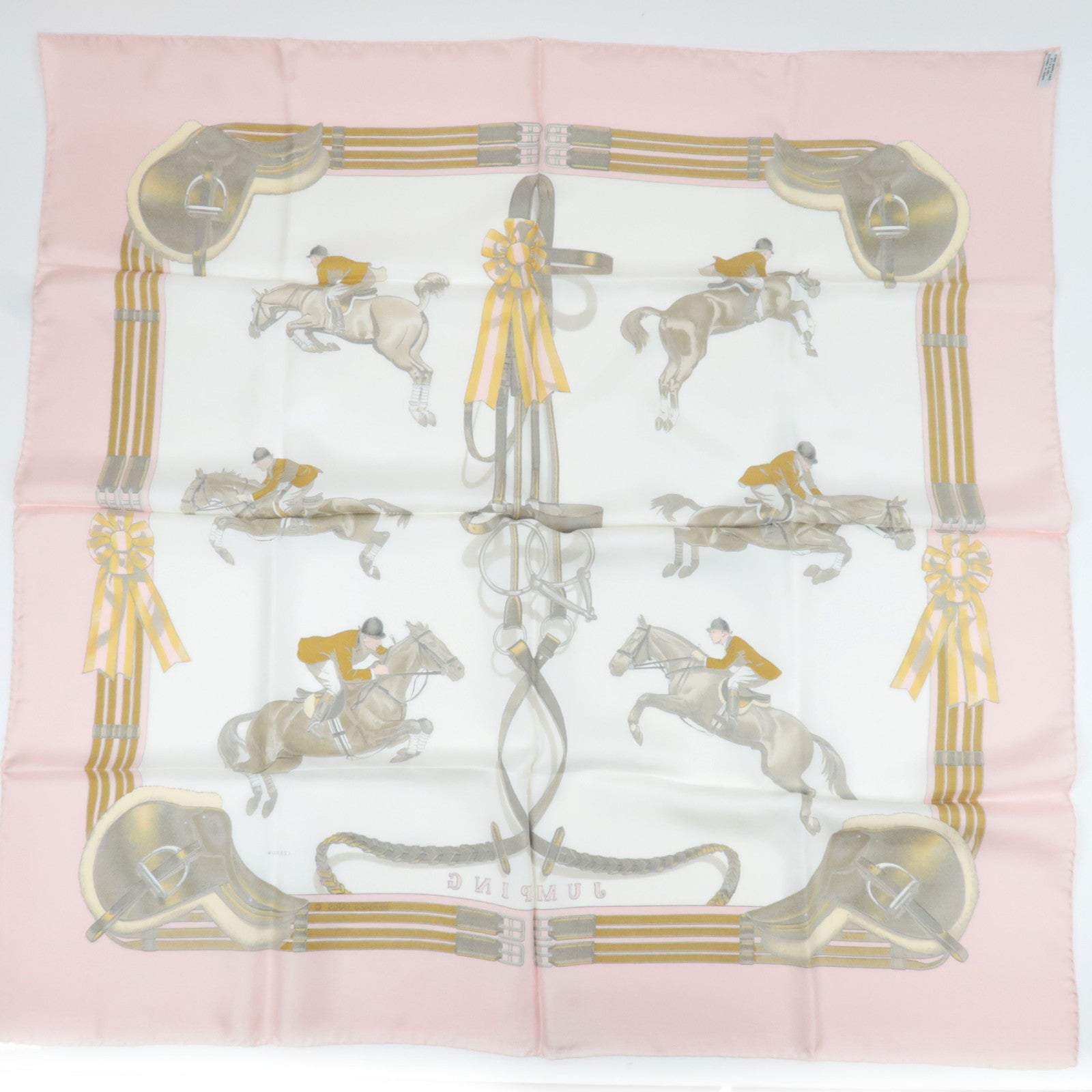 HERMES Carre 90 Scarf LEDOUX JUMPING 100% Silk Pink