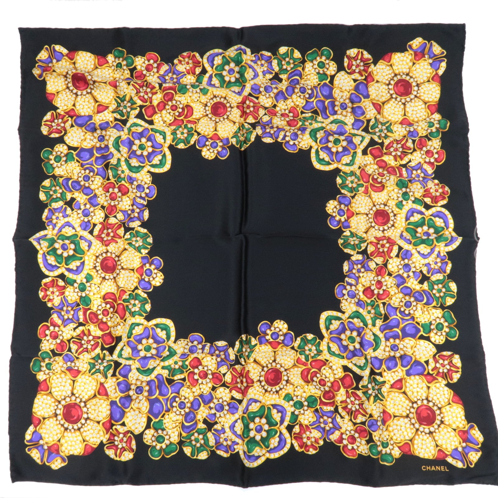 CHANEL Scarf Jewelry Print 100% Silk Black Multicolor87269