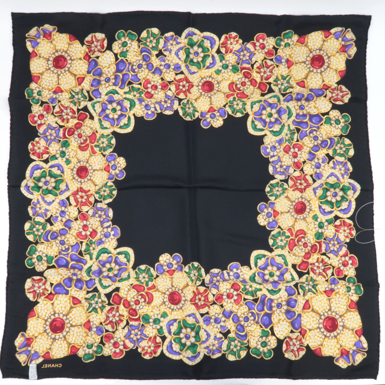 CHANEL Scarf Jewelry Print 100% Silk Black Multicolor