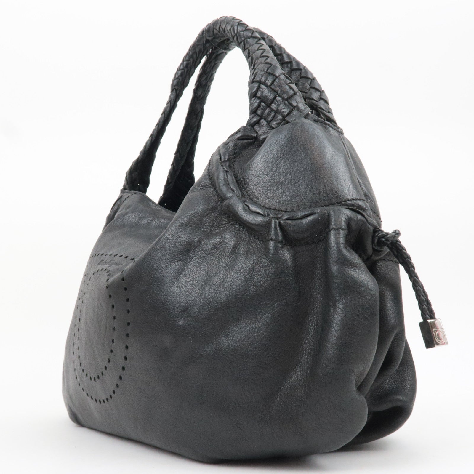 Ferragamo Gancini Perforated Leather Shoulder Bag Black