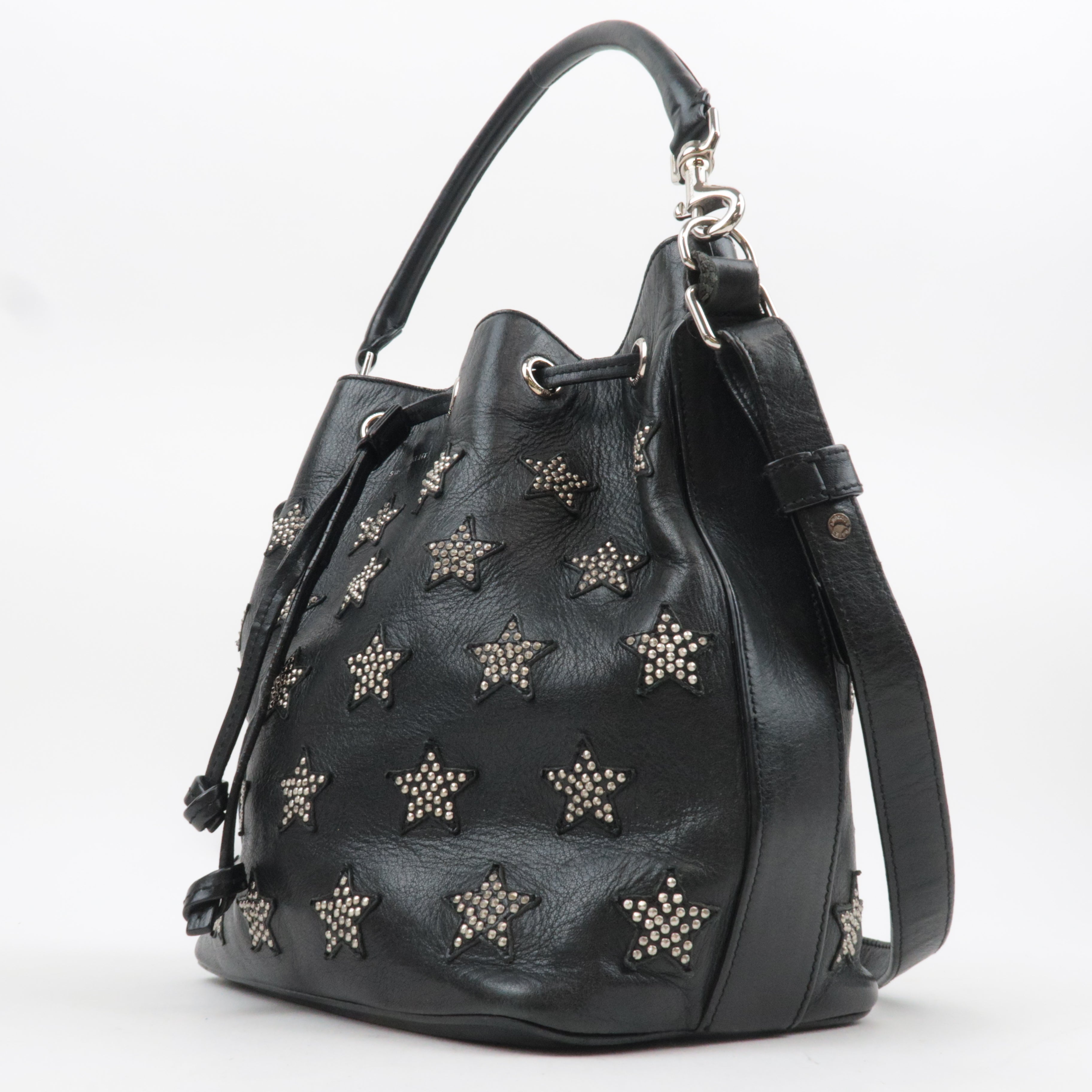 SAINT LAURENT Star Studded 2Way Leather Shoulder Bag Black 381647