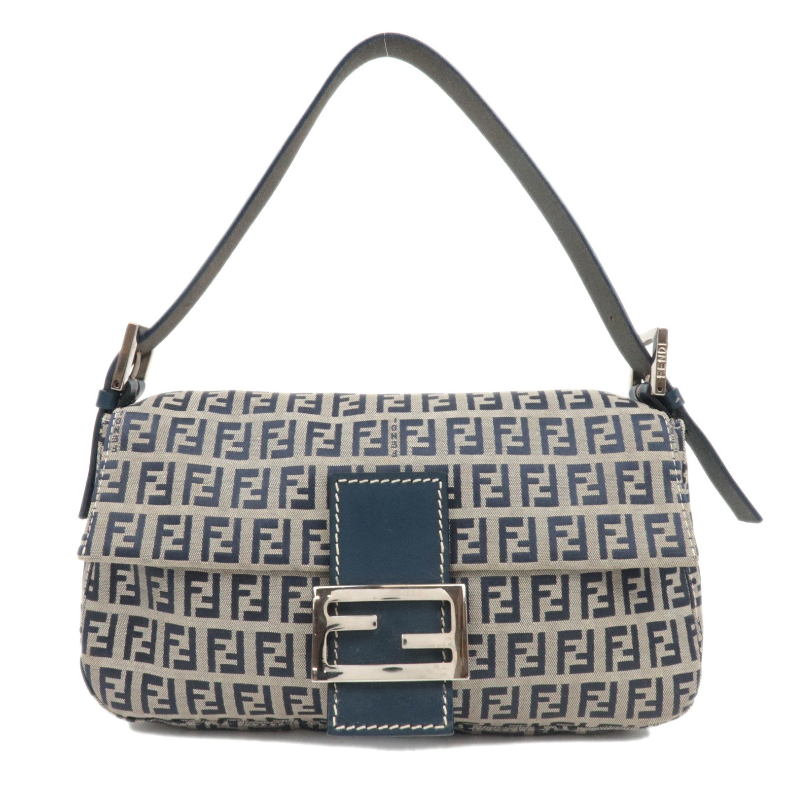 FENDI Zucchino Mamma Baguette Canvas Leather Shoulder Bag Beige Navy 2642487347