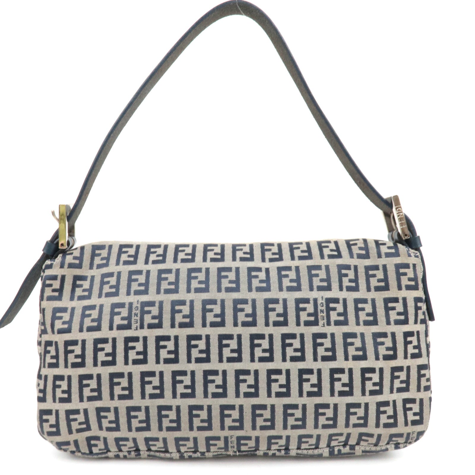 FENDI Zucchino Mamma Baguette Canvas Leather Shoulder Bag Beige Navy 26424