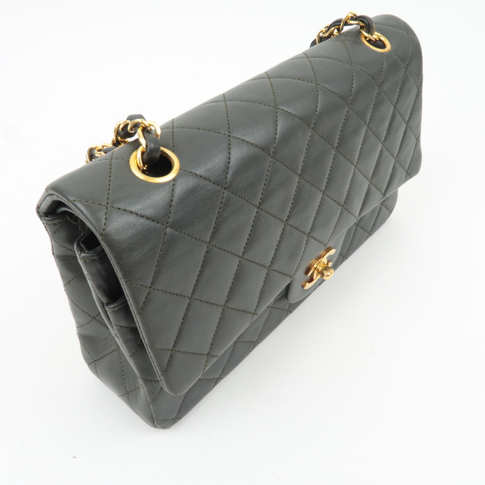 CHANEL Matelasse 25 Lambskin Double Chain Shoulder Bag Dark Green