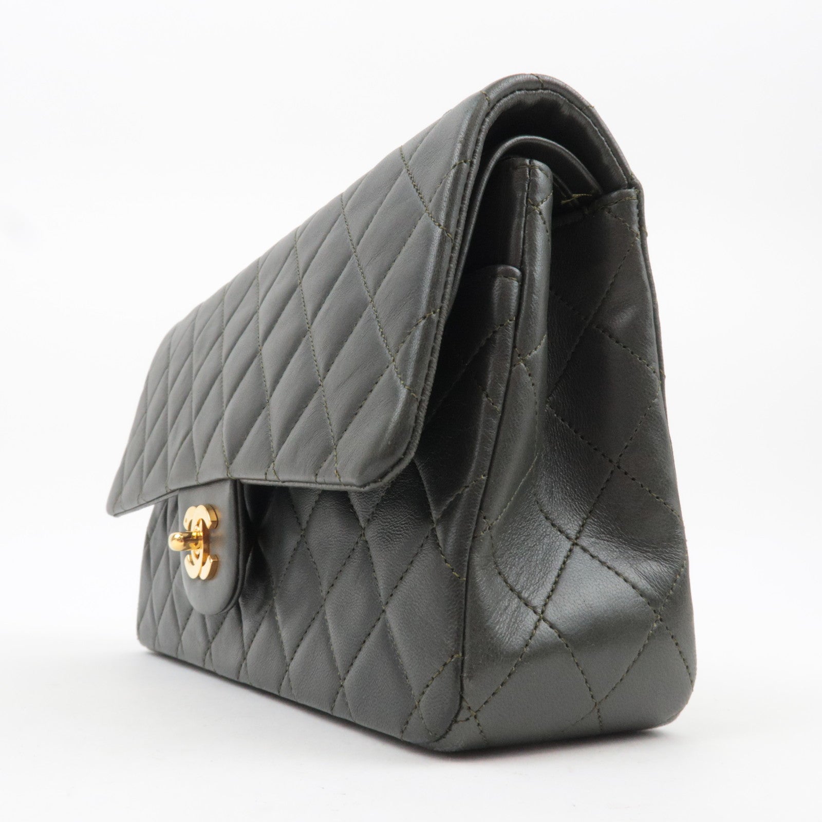 CHANEL Matelasse 25 Lambskin Double Chain Shoulder Bag Dark Green