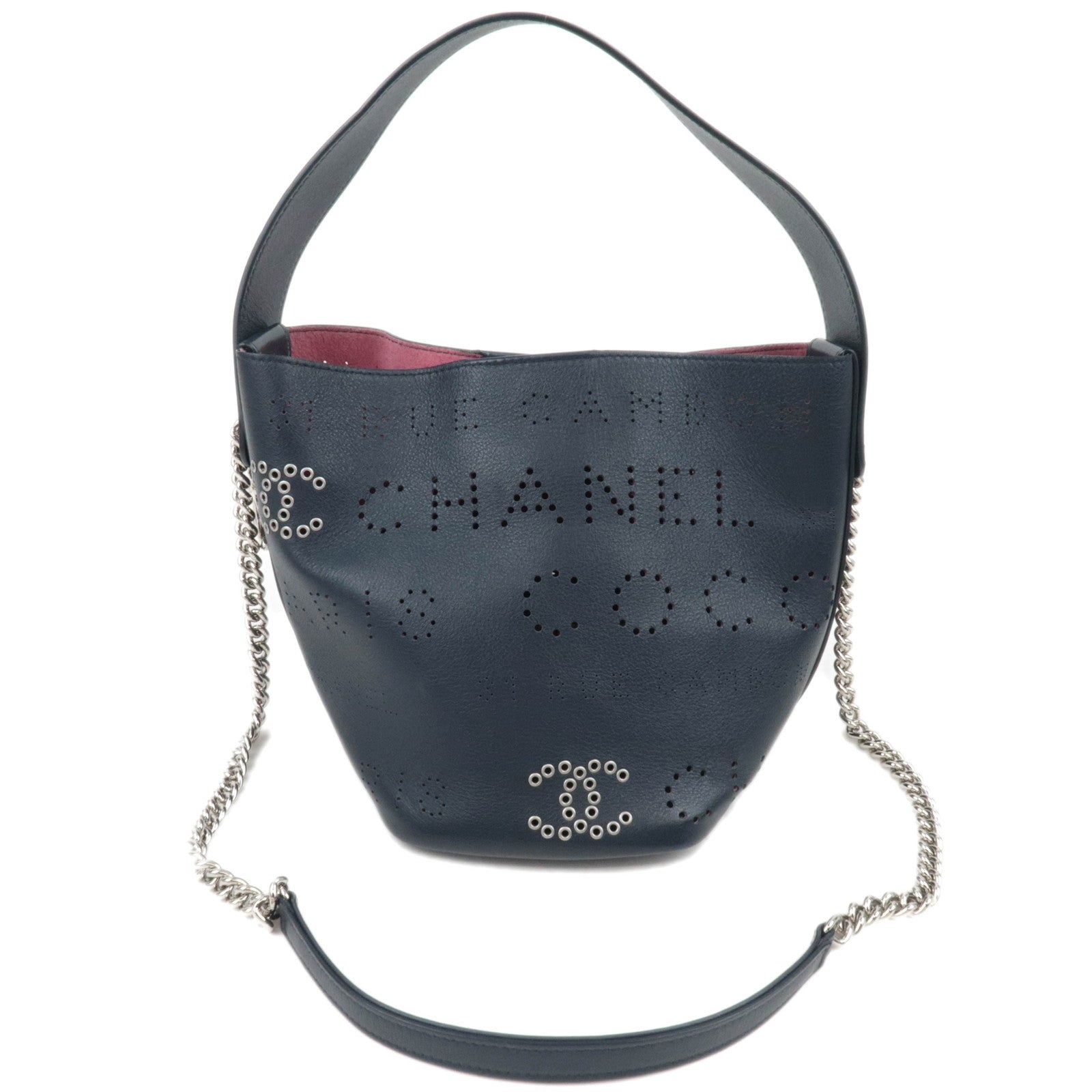 CHANEL Coco Mark Perforated 2Way Leather Chain Shoulder Bag Navy Pink AS0304 *Dust bag, Pouch87417