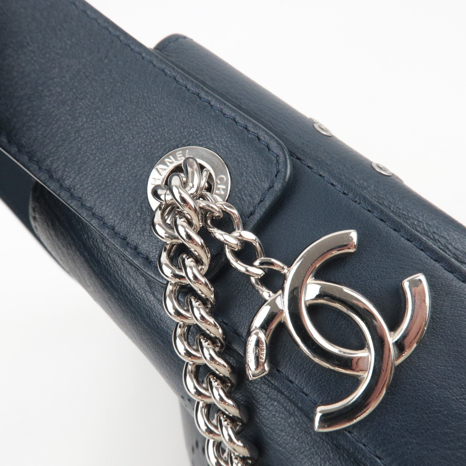 CHANEL Coco Mark Perforated 2Way Leather Chain Shoulder Bag Navy AS0304