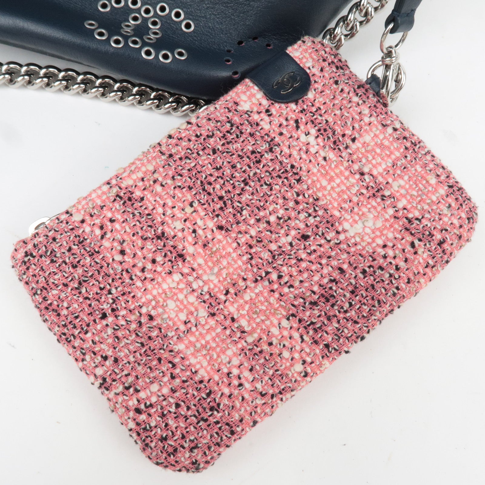 CHANEL Coco Mark Perforated 2Way Leather Chain Shoulder Bag Navy AS0304
