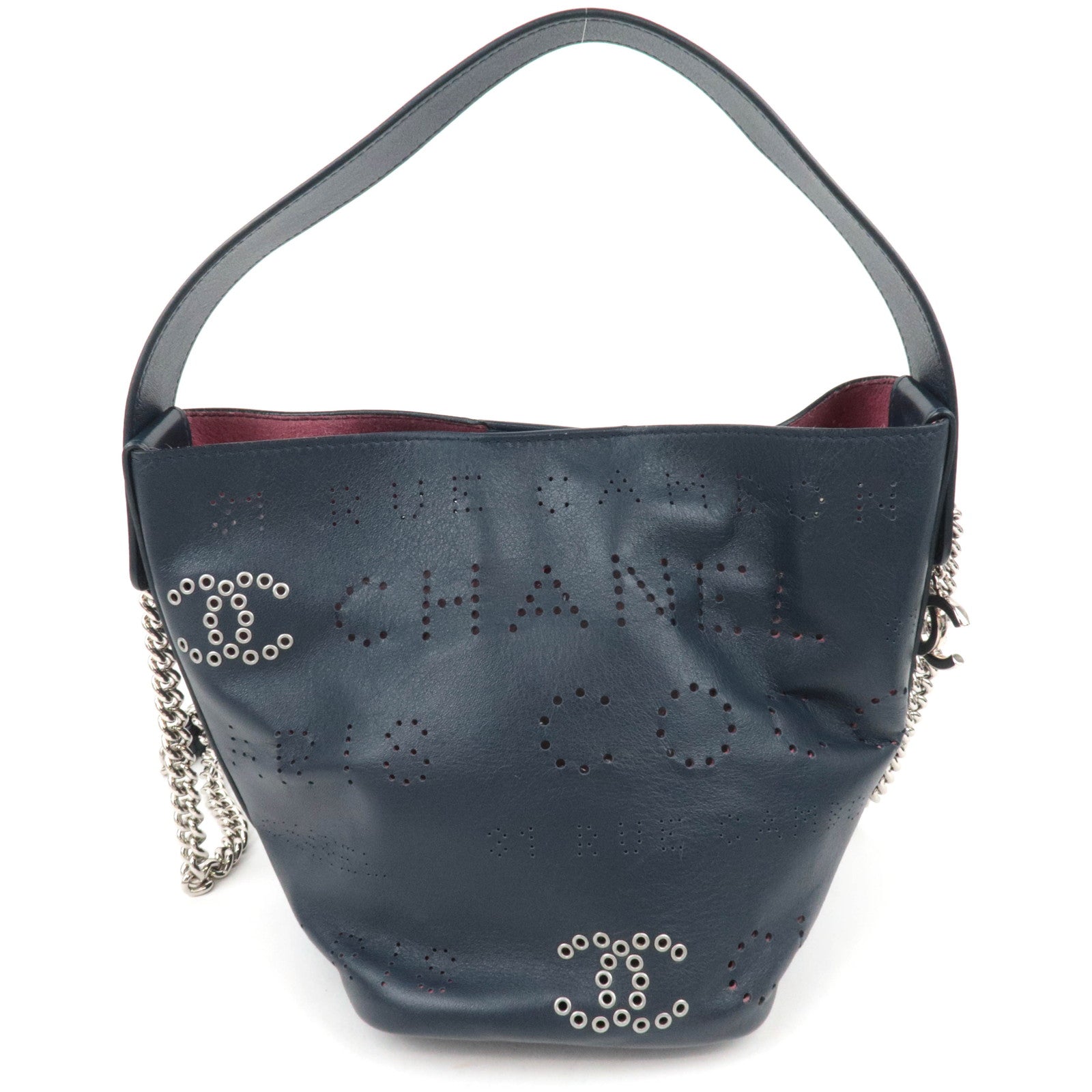 CHANEL Coco Mark Perforated 2Way Leather Chain Shoulder Bag Navy Pink AS0304 *Dust bag, Pouch