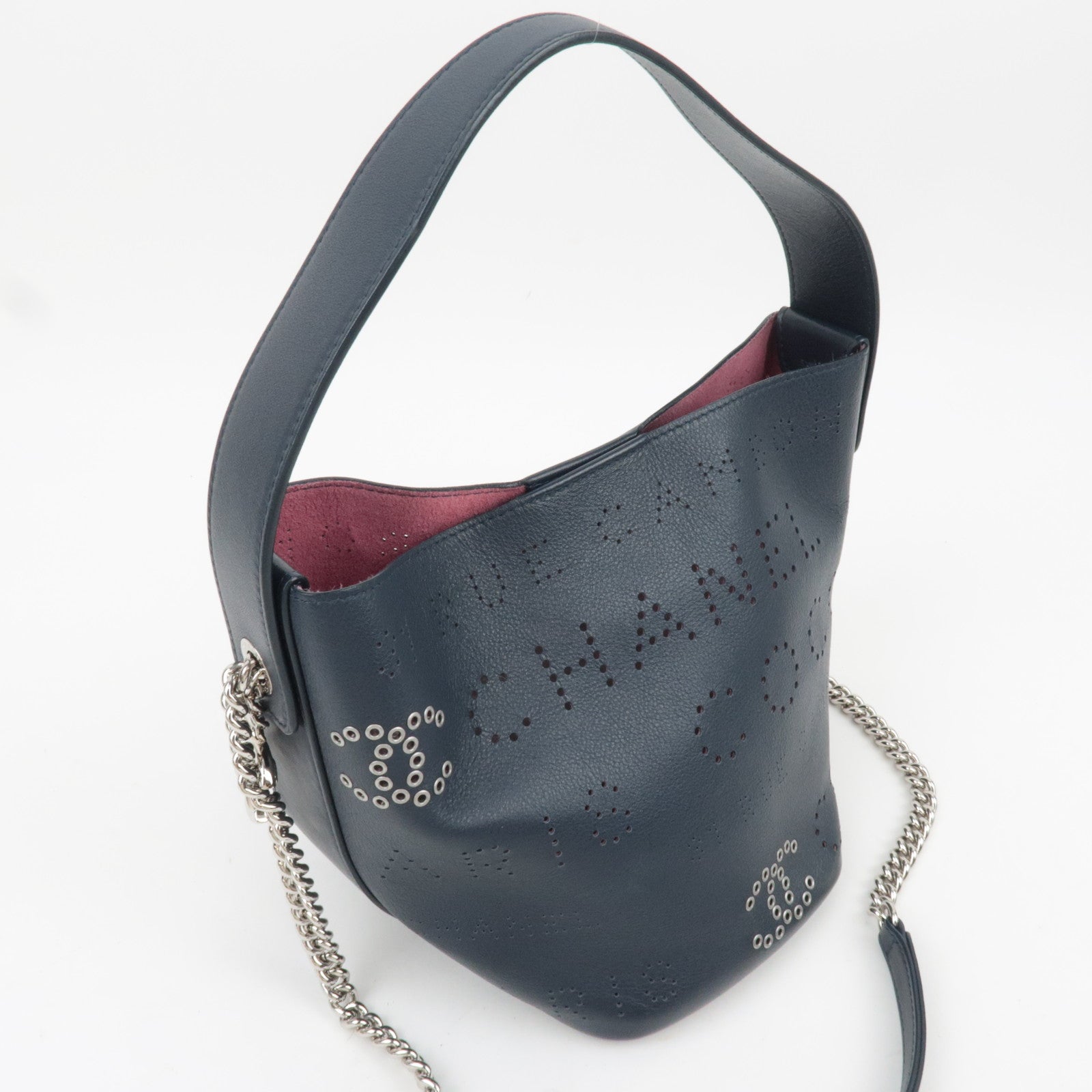 CHANEL Coco Mark Perforated 2Way Leather Chain Shoulder Bag Navy AS0304