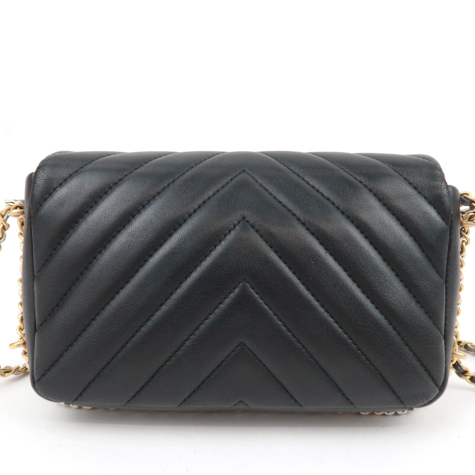 CHANEL Chevron V Stitch Lambskin Chain Shoulder Bag Black Gold HDW Marble Chain *G card