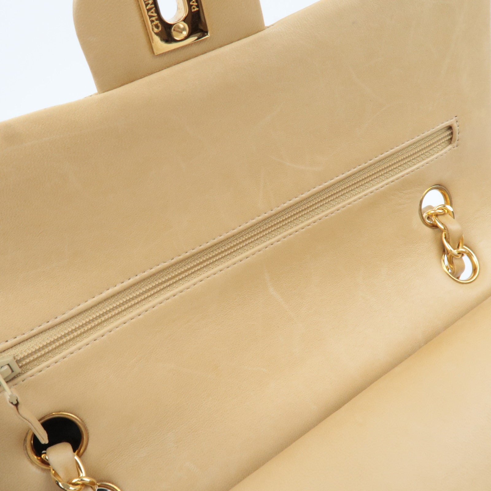 CHANEL Matelasse Lambskin Double Flap Chain Shoulder Bag Beige