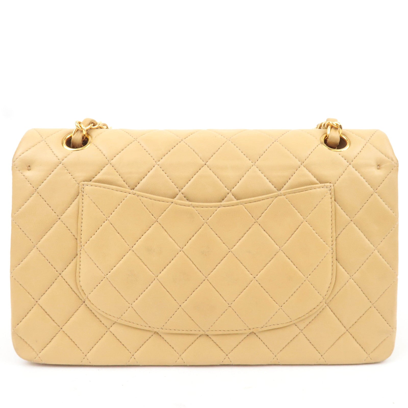 CHANEL Matelasse Lambskin Double Flap Chain Shoulder Bag Beige Gold HDW *G card