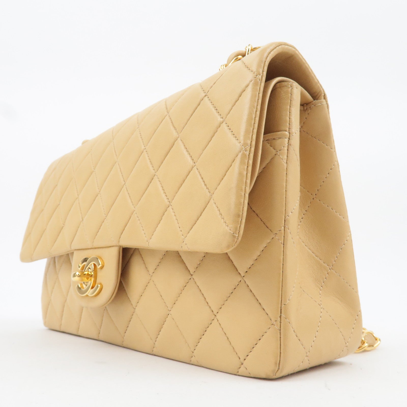 CHANEL Matelasse Lambskin Double Flap Chain Shoulder Bag Beige