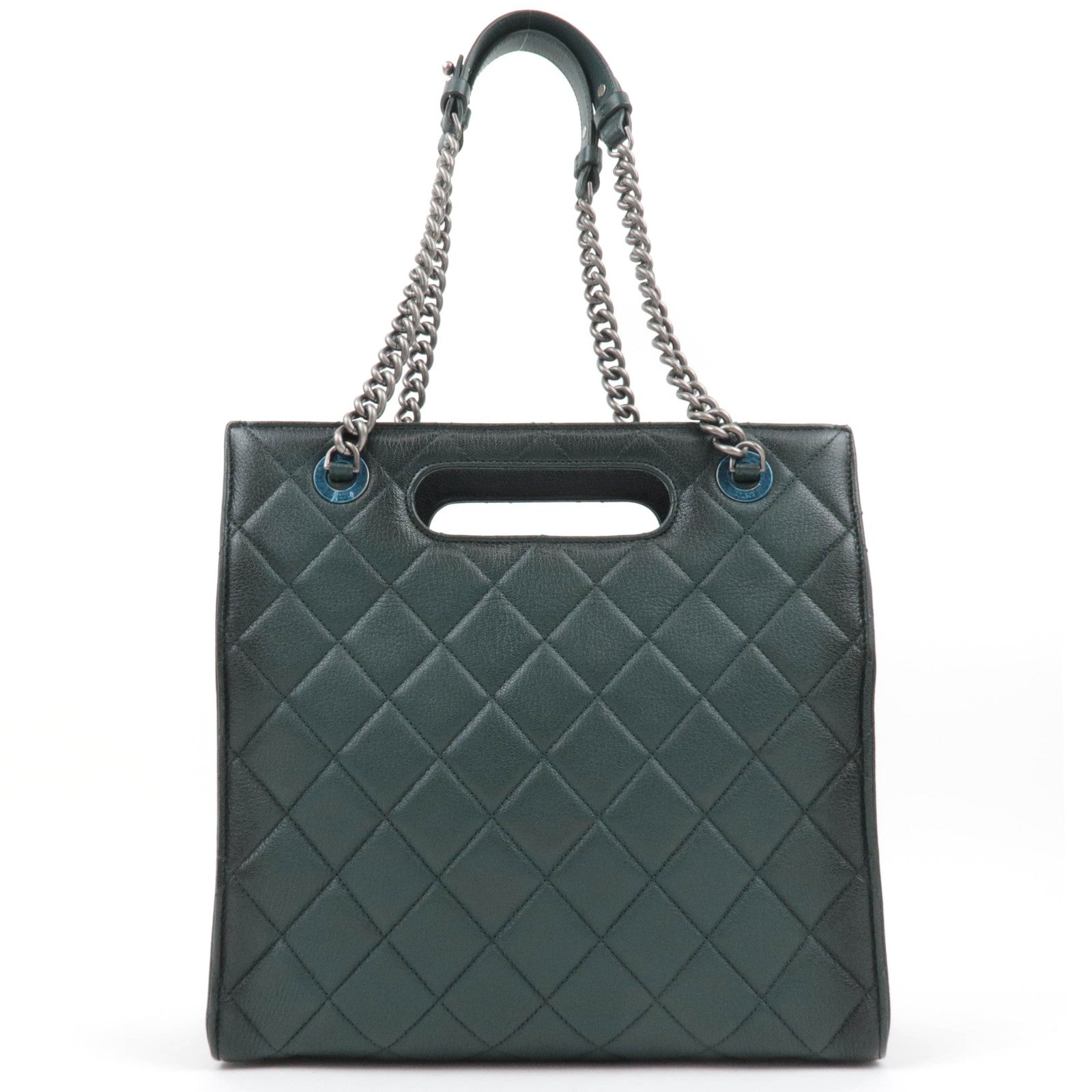 CHANEL 2Way Leather Chain Shoulder Bag Green Ombre Silver HDW *Dust bag
