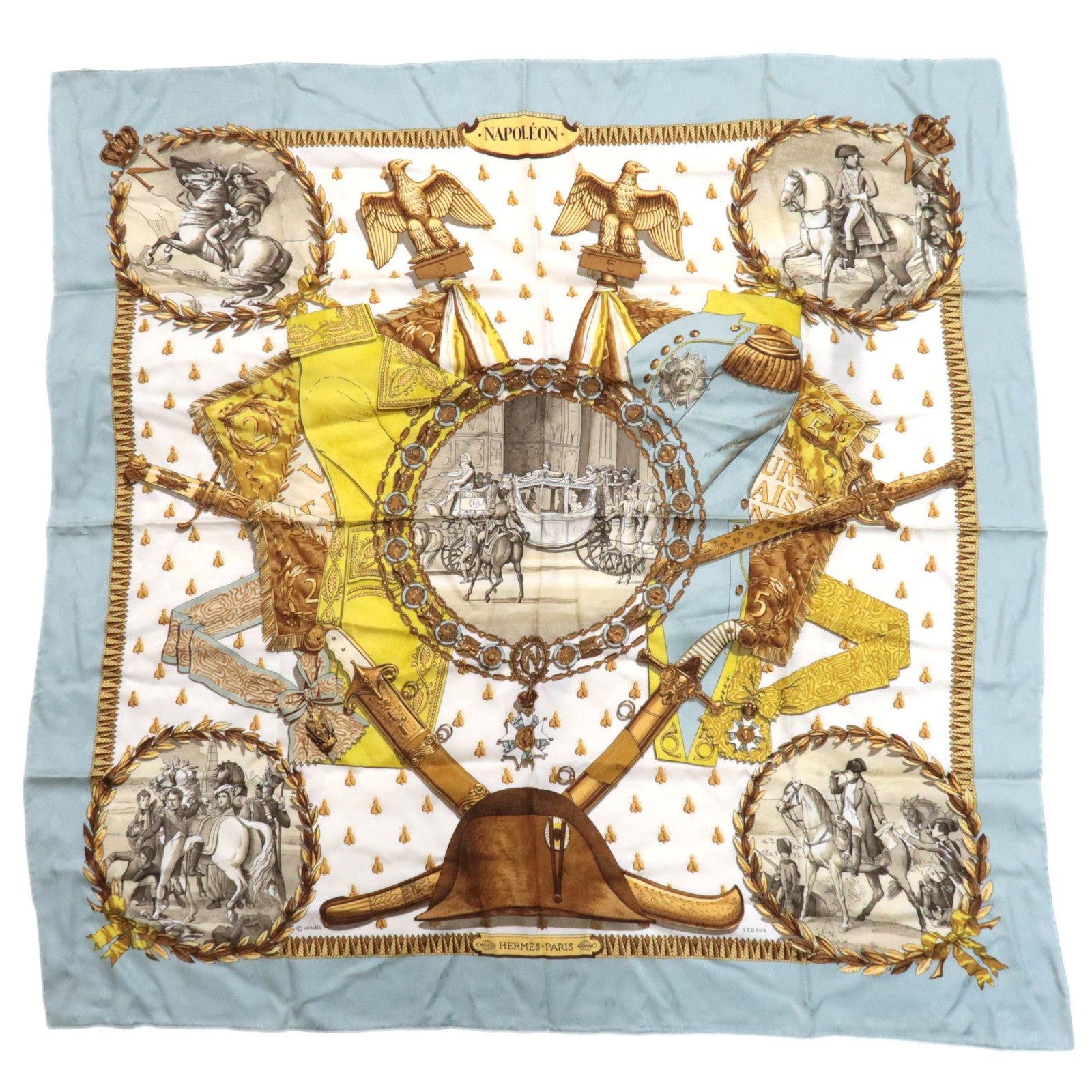 HERMES Carre 90 Scarf NAPOLEON 100% Silk White Light Blue87454