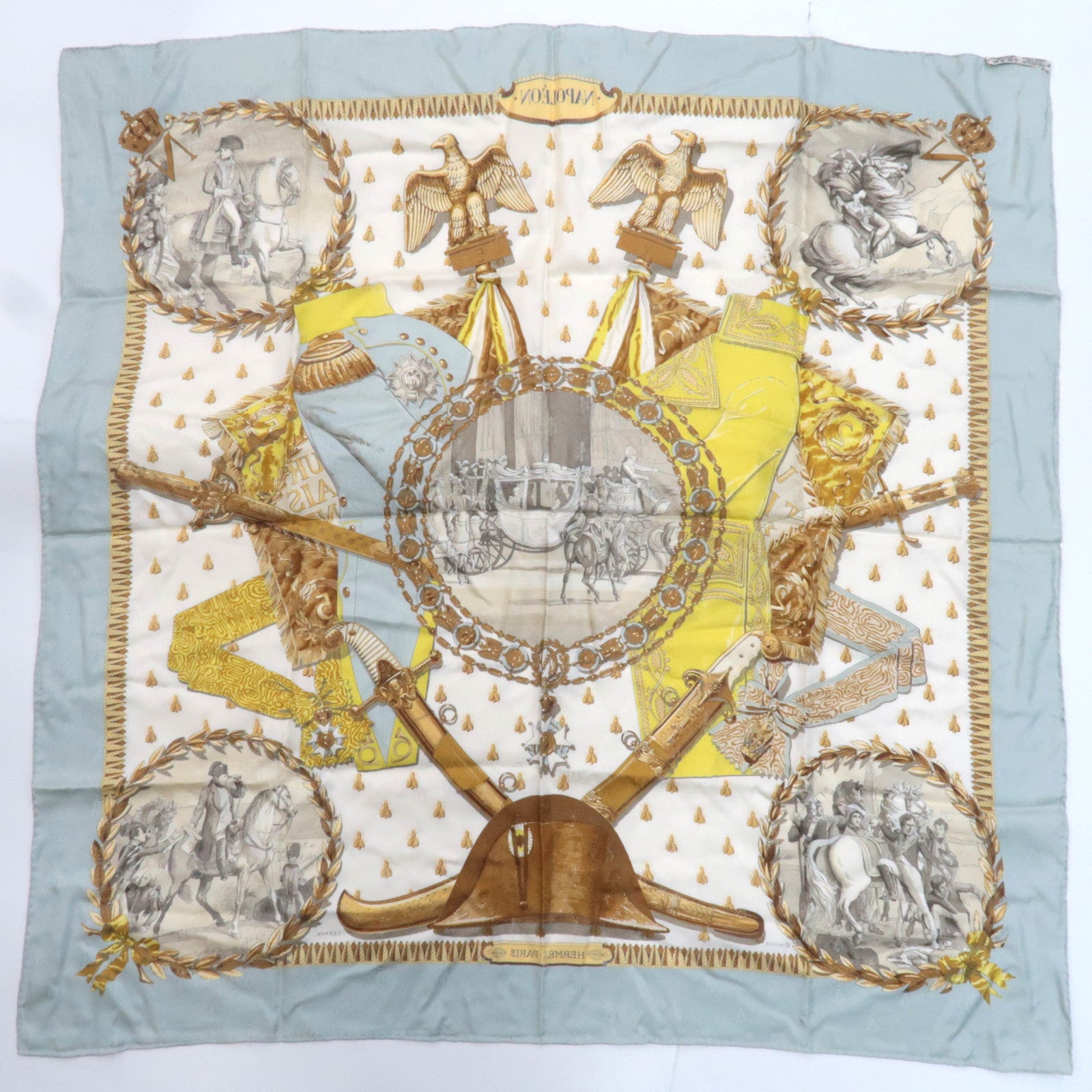 HERMES Carre 90 Scarf NAPOLEON 100% Silk White Light Blue