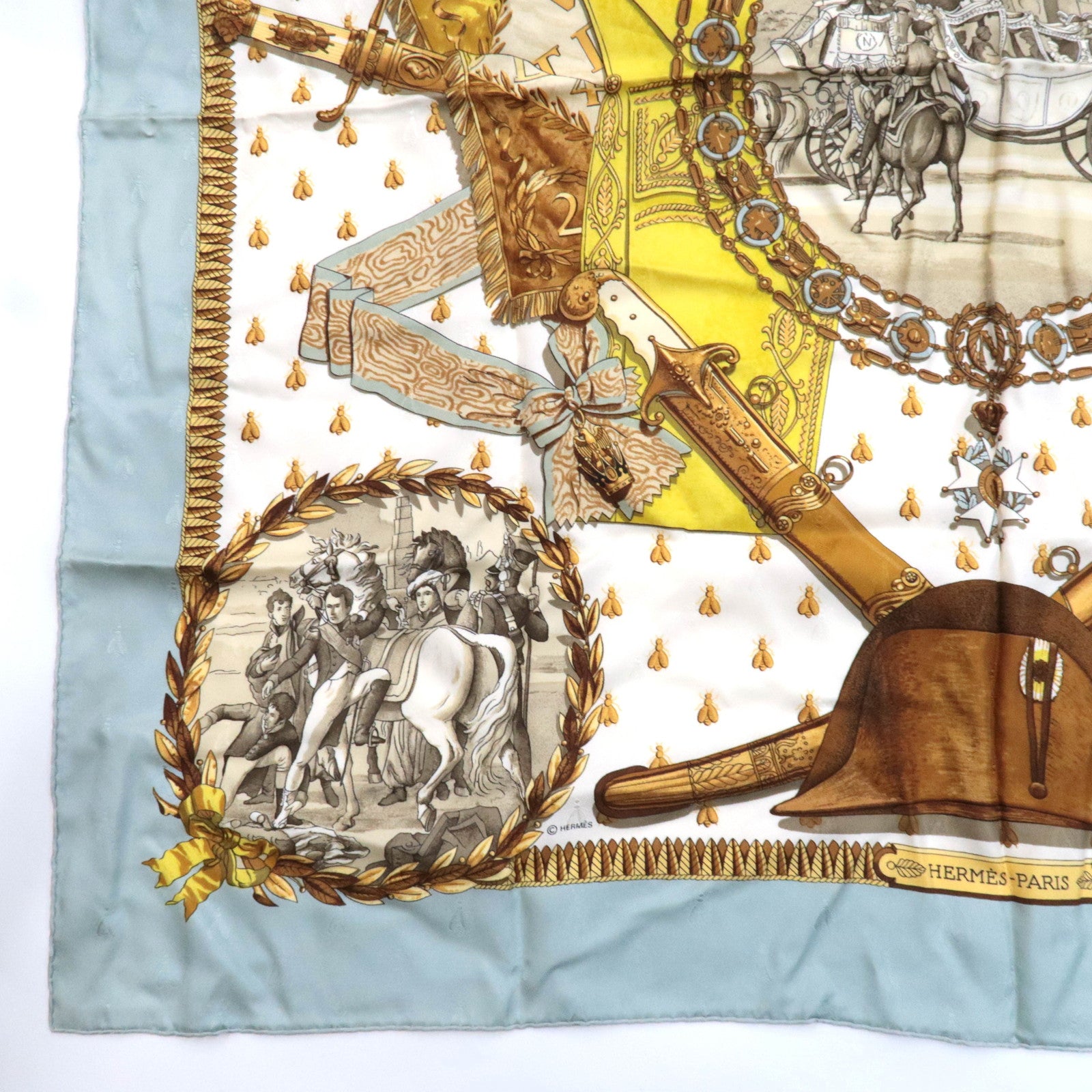 HERMES Carre 90 Scarf NAPOLEON 100% Silk White Light Blue