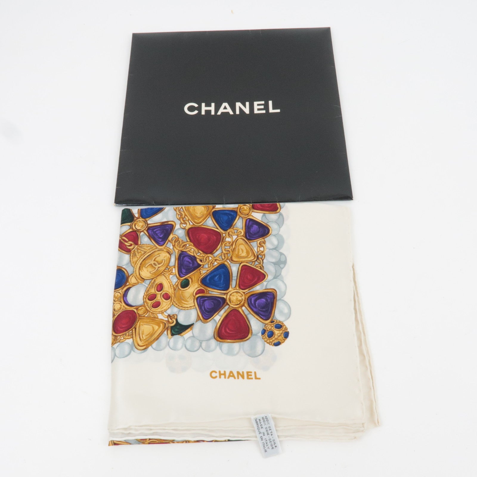 CHANEL Scarf Jewelry Print 100% Silk White *Case