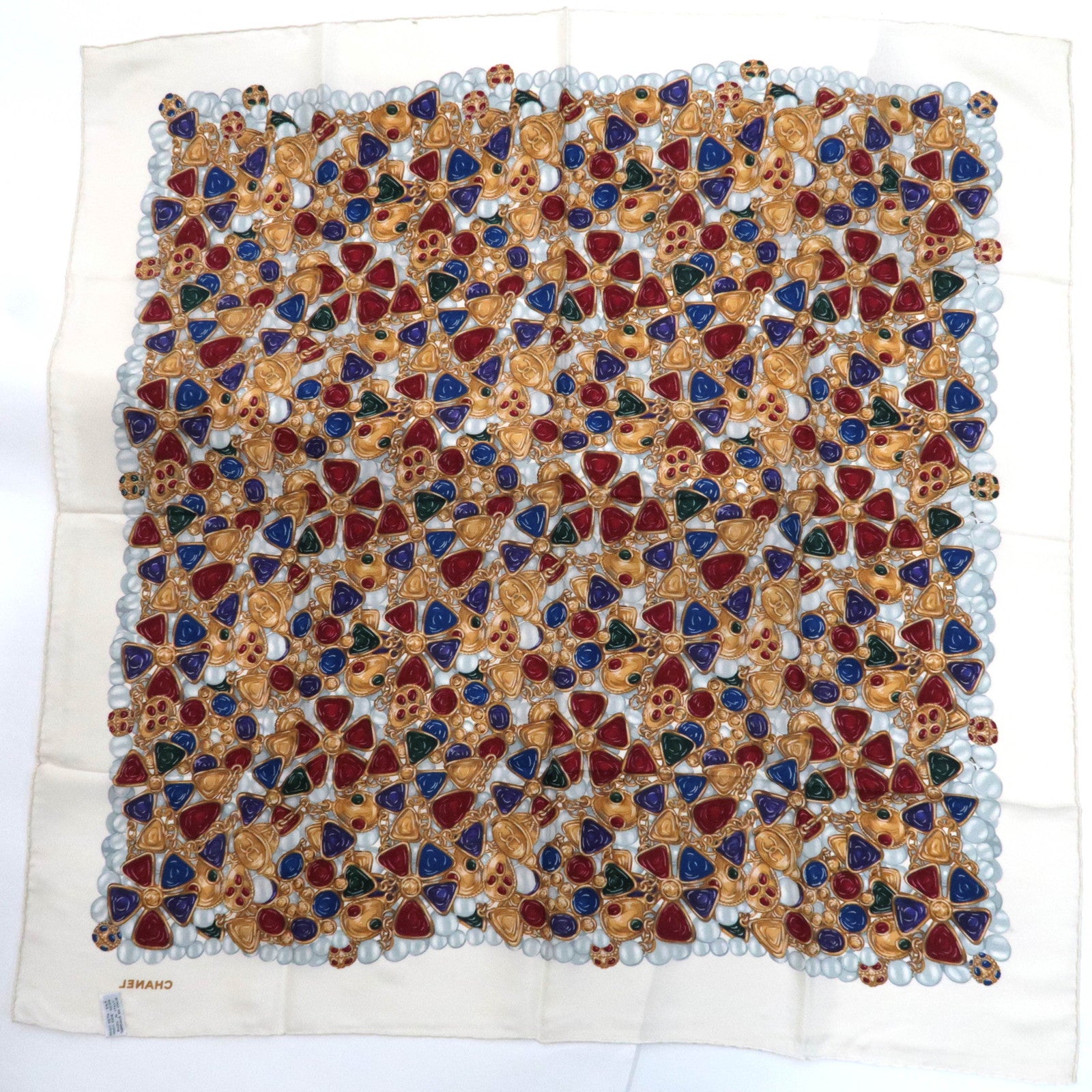 CHANEL Scarf Jewelry Print 100% Silk White *Case