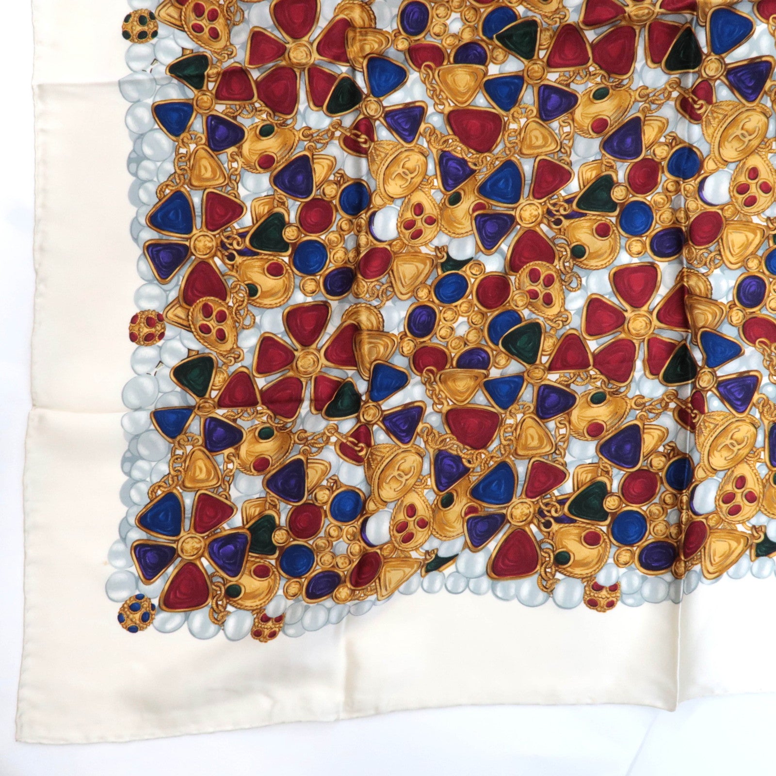 CHANEL Scarf Jewelry Print 100% Silk White *Case
