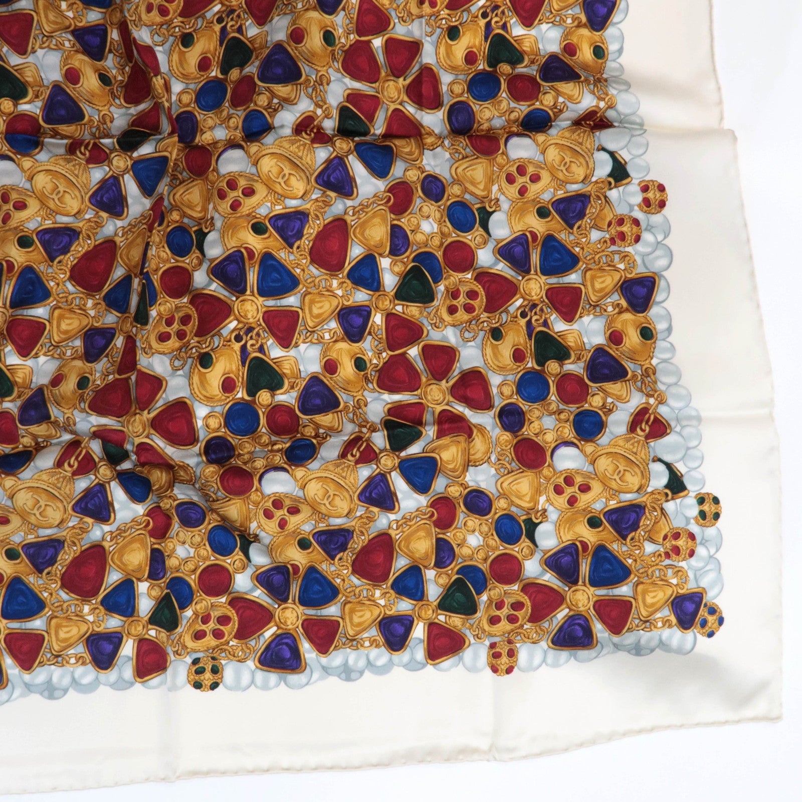 CHANEL Scarf Jewelry Print 100% Silk White *Case