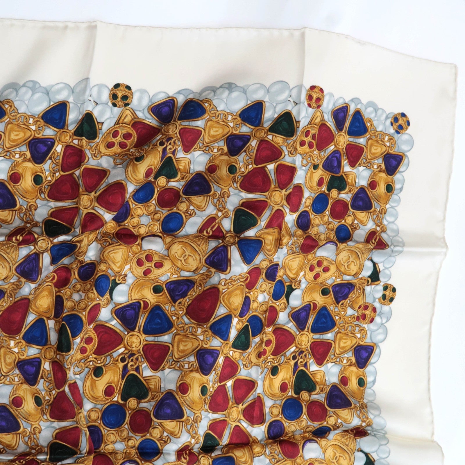 CHANEL Scarf Jewelry Print 100% Silk White *Case