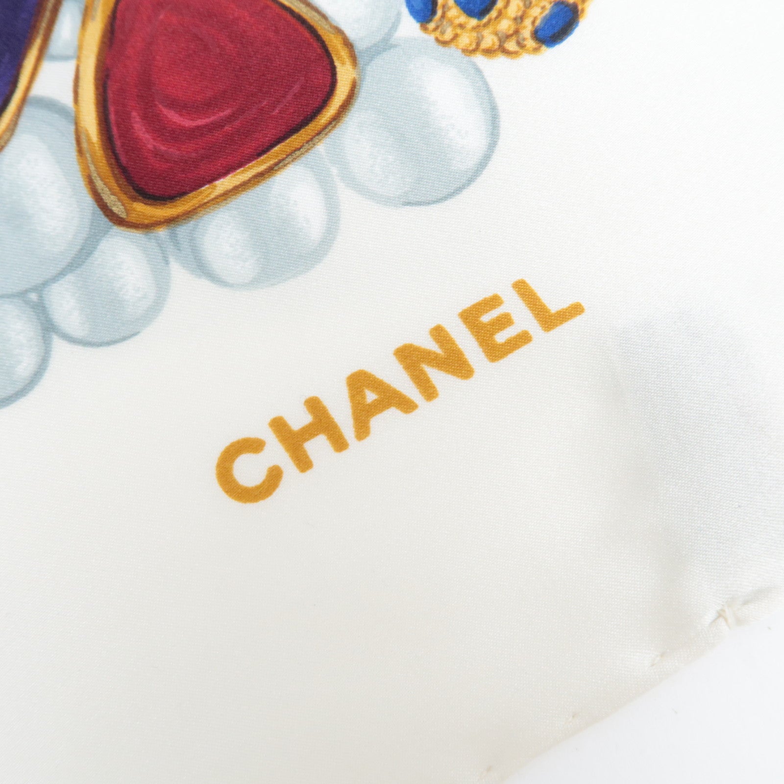 CHANEL Scarf Jewelry Print 100% Silk White *Case