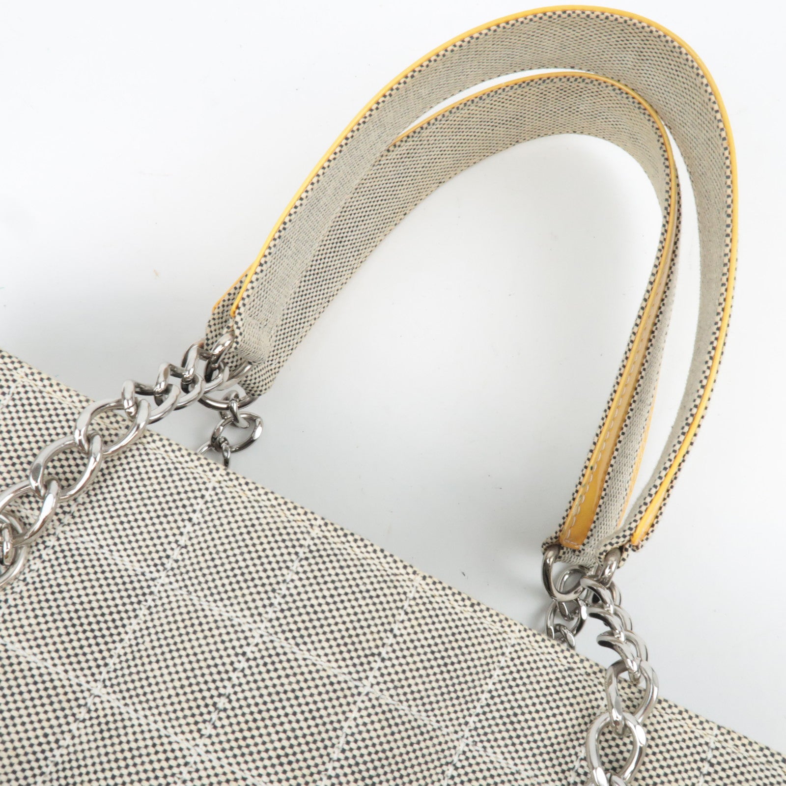 CHANEL Coco Mark Camellia No. 5 Canvas Patent Chain Tote Bag Beige Yellow Black A31573 *Box, Dust bag, G card