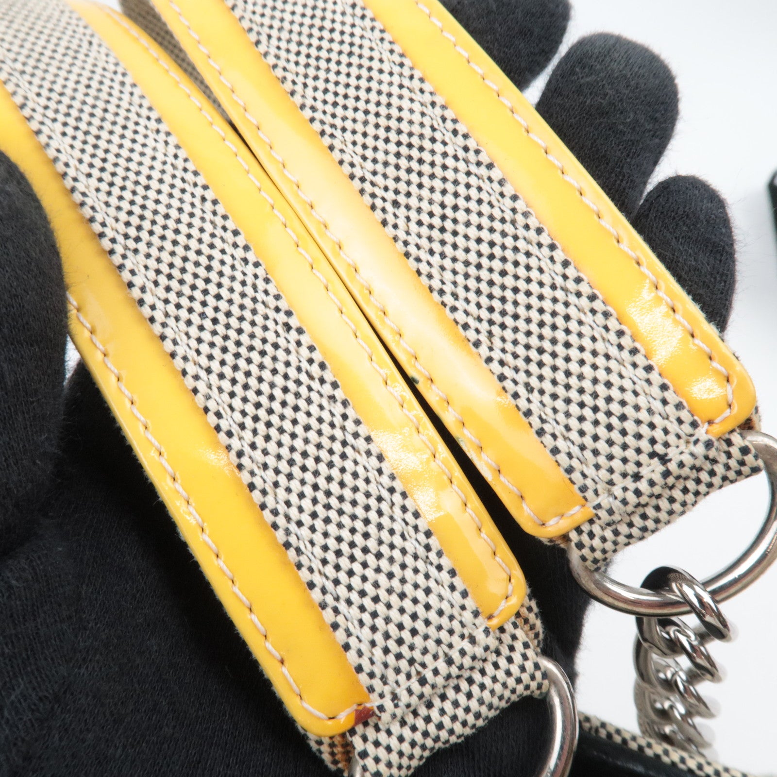 CHANEL Coco Mark Camellia No. 5 Canvas Patent Chain Tote Bag Beige Yellow Black A31573 *Box, Dust bag, G card