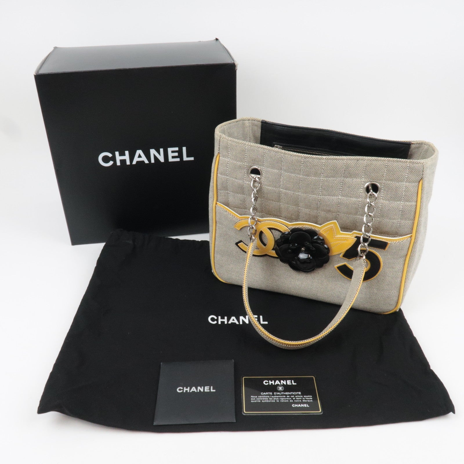 CHANEL Coco Mark Camellia No. 5 Canvas Patent Chain Tote Bag Beige Yellow Black A31573 *Box, Dust bag, G card