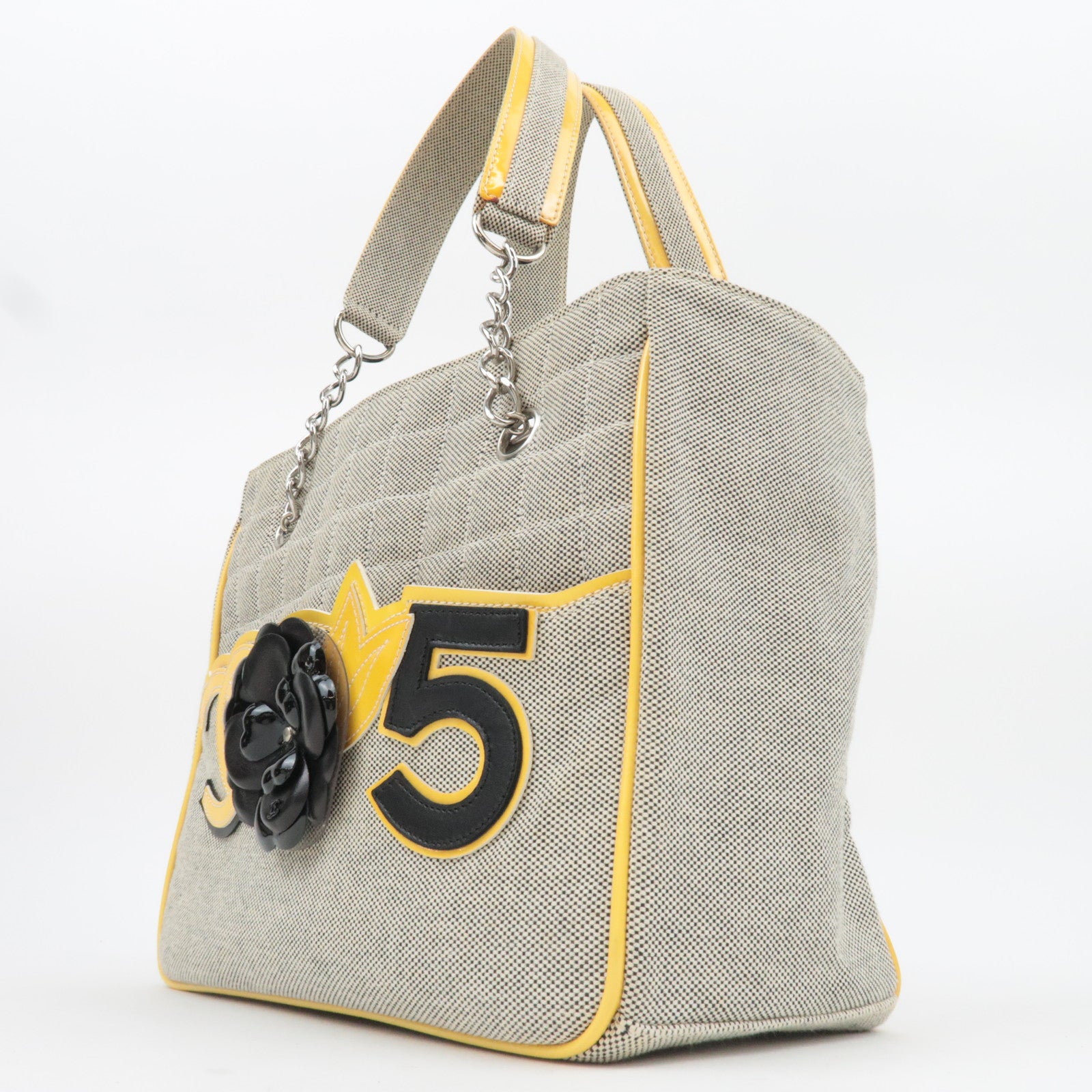 CHANEL Coco Mark Camellia No. 5 Canvas Patent Chain Tote Bag Beige Yellow Black A31573 *Box, Dust bag, G card