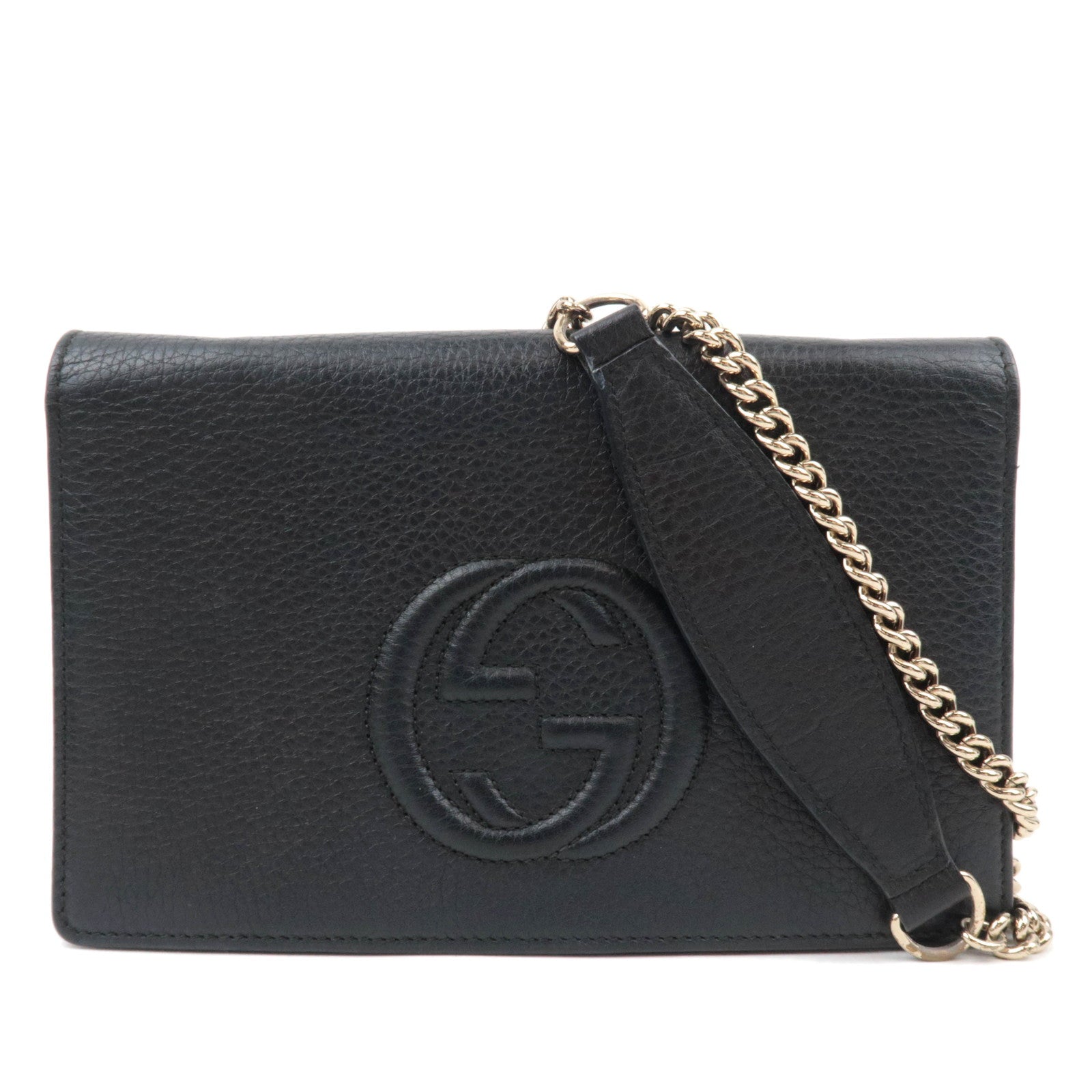 GUCCI Soho Interlocking G Leather Chain Wallet WOC Black 407041 *Box, Dust bag87466