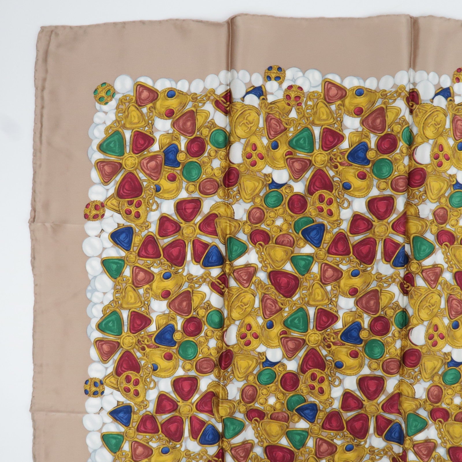 CHANEL Scarf Jewelry Print 100% Silk Beige