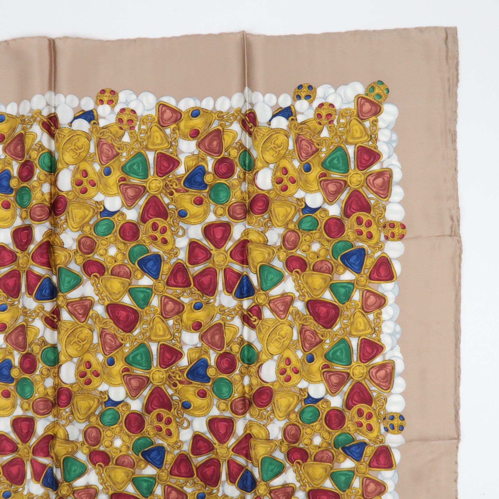 CHANEL Scarf Jewelry Print 100% Silk Beige