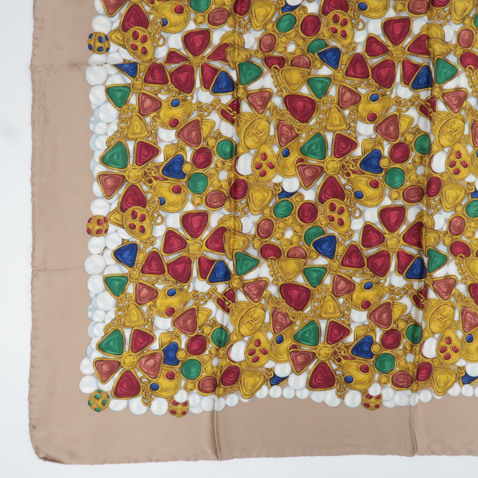 CHANEL Scarf Jewelry Print 100% Silk Beige