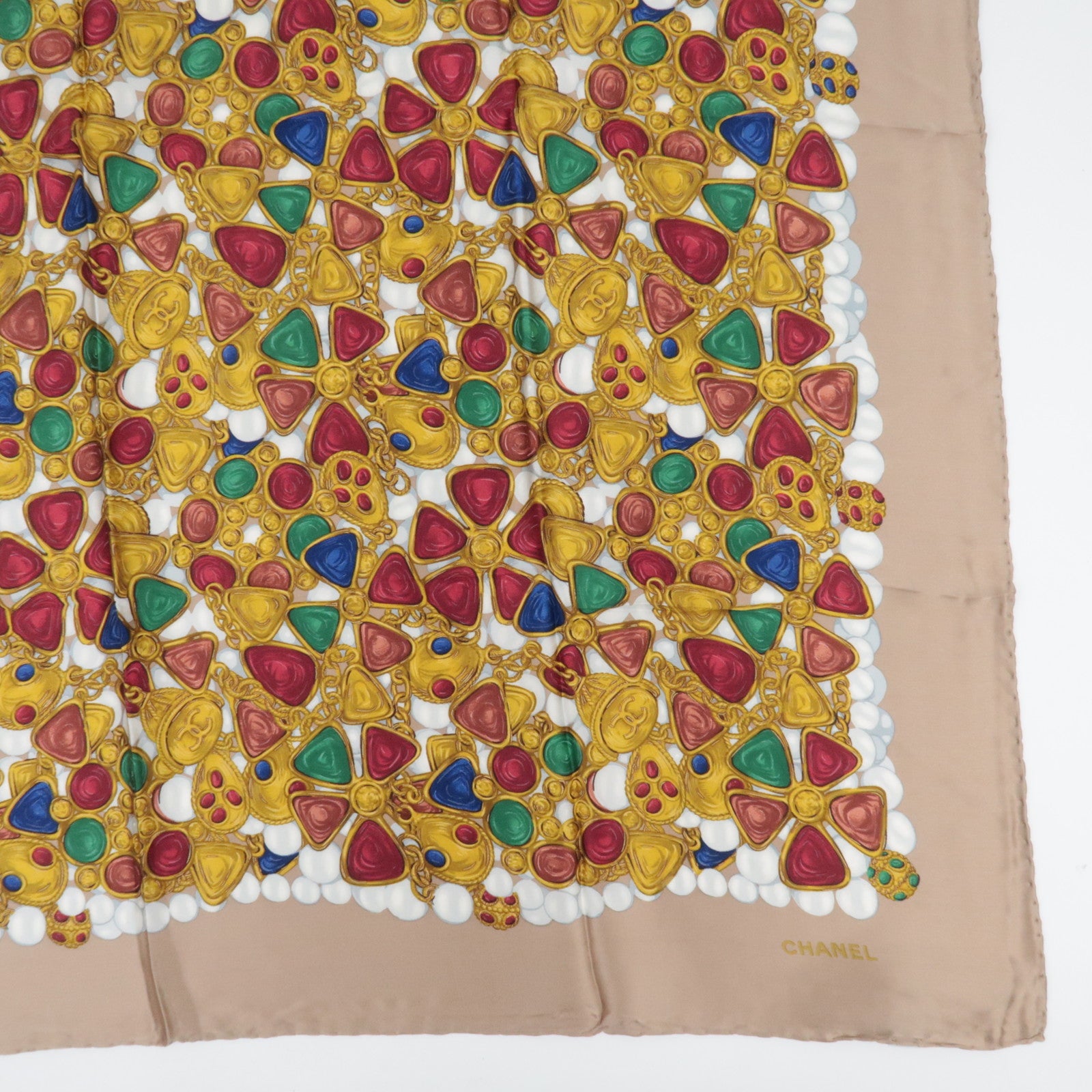 CHANEL Scarf Jewelry Print 100% Silk Beige