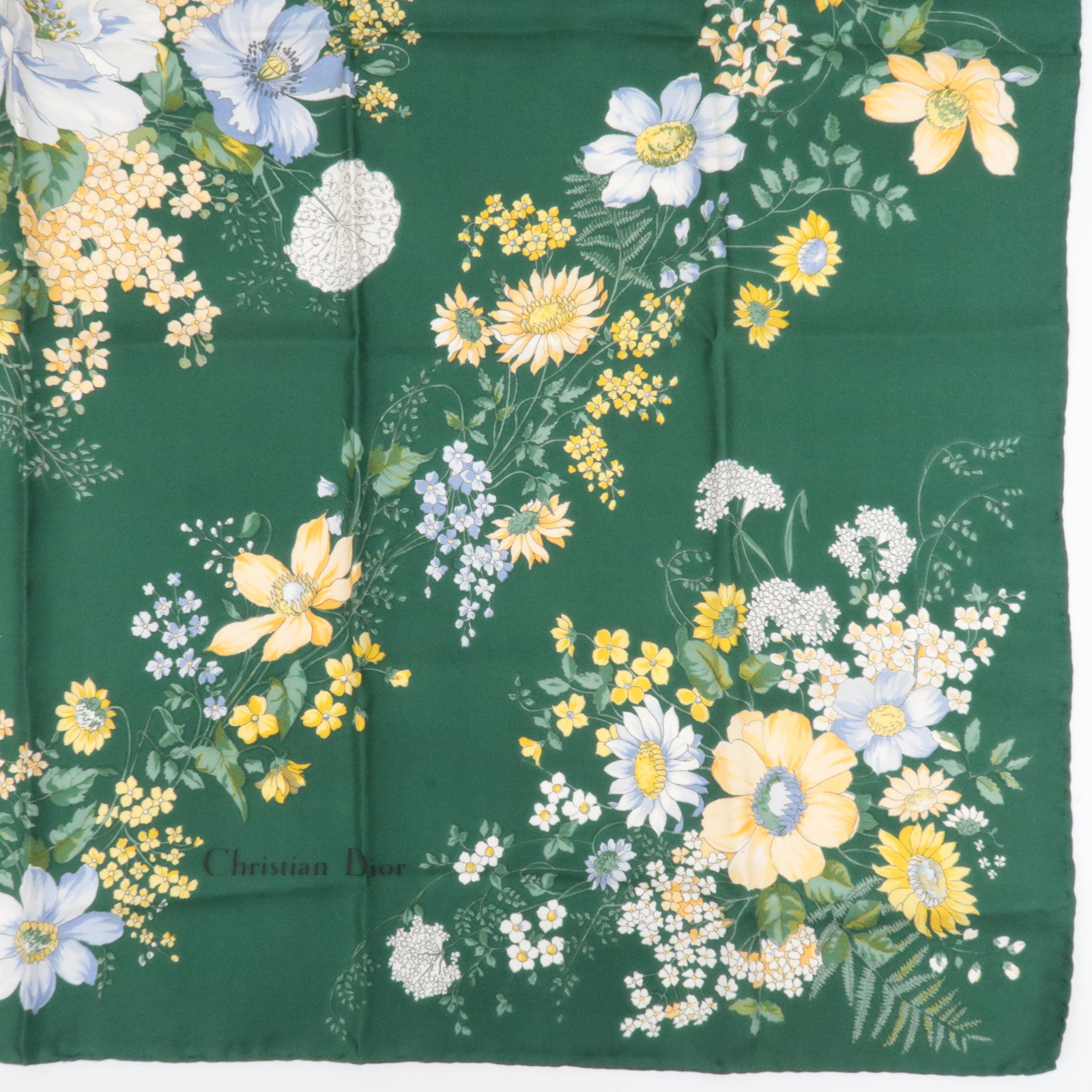 Christian Dior Floral Print Scarf 100% Silk Green