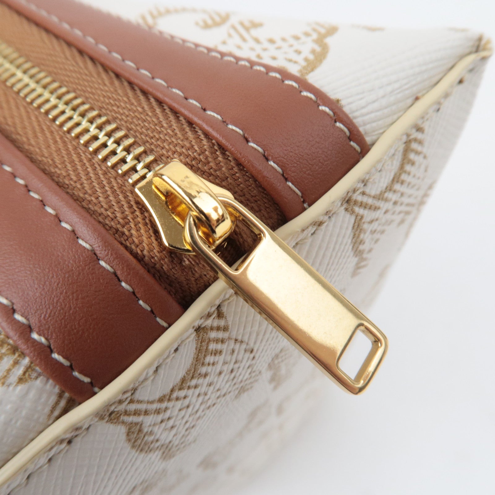 CELINE Triomphe PVC Leather Cosmetic Pouch White Brown