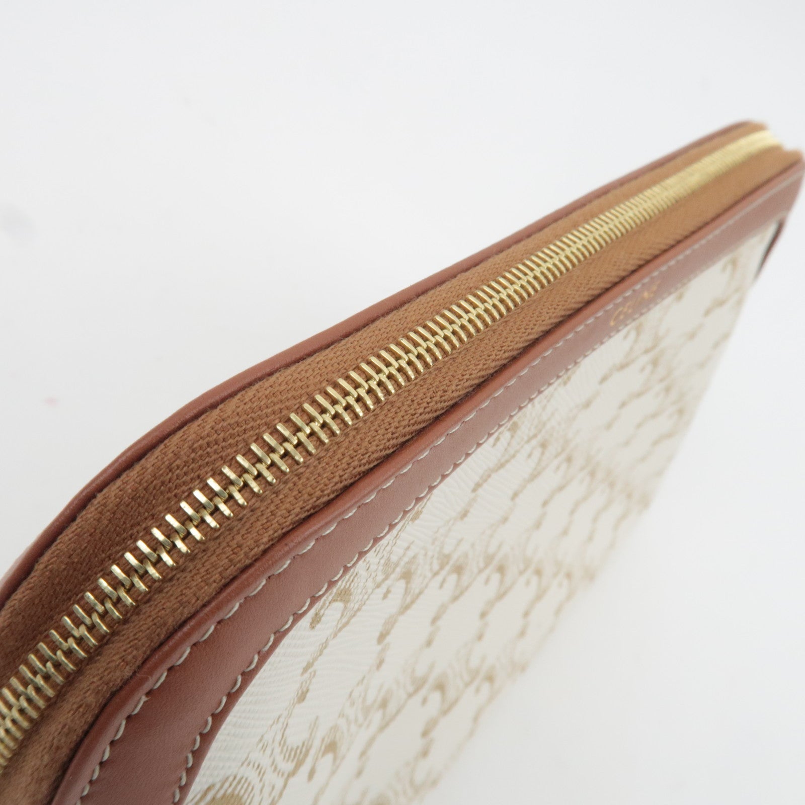 CELINE Triomphe PVC Leather Cosmetic Pouch White Brown
