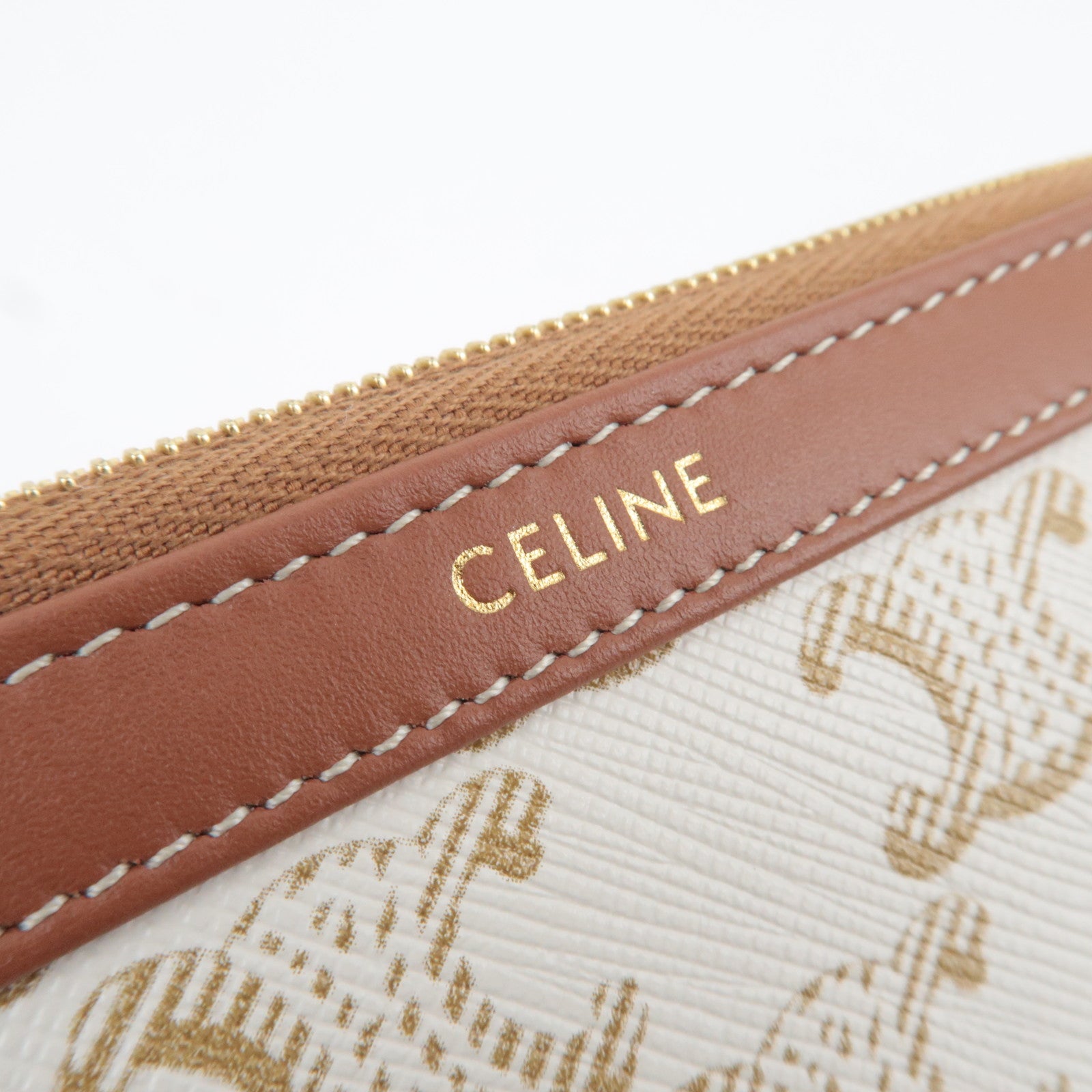 CELINE Triomphe PVC Leather Cosmetic Pouch White Brown