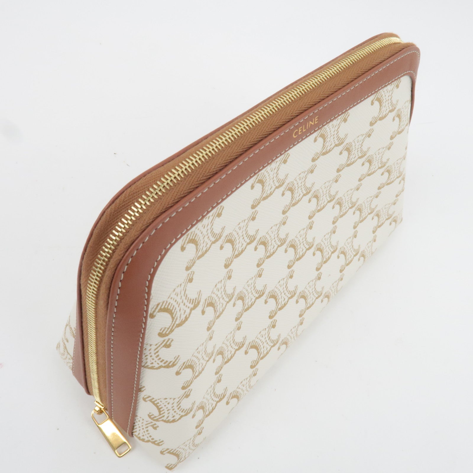 CELINE Triomphe PVC Leather Cosmetic Pouch White Brown