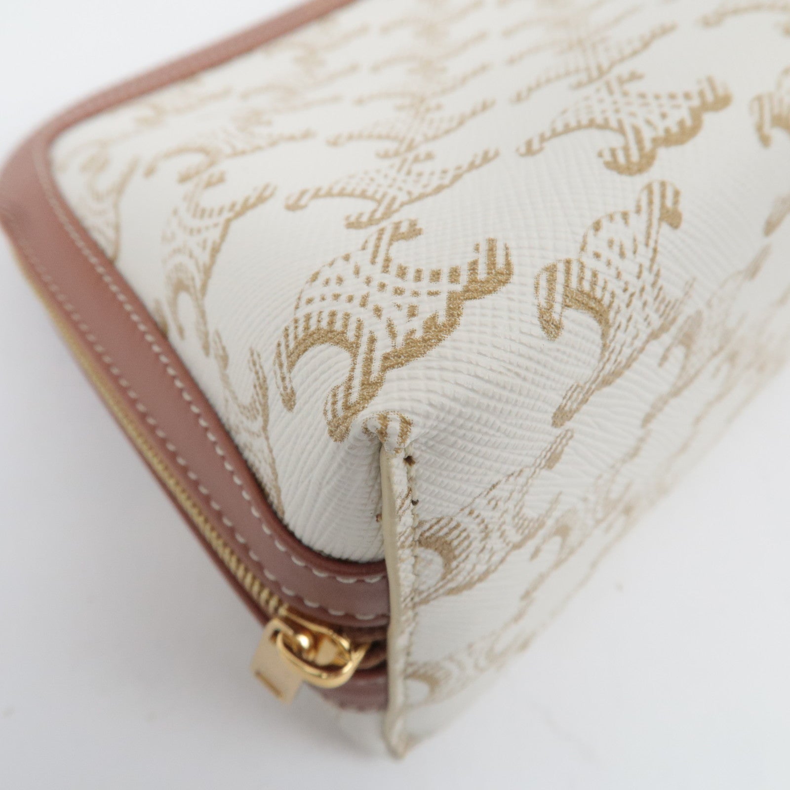 CELINE Triomphe PVC Leather Cosmetic Pouch White Brown
