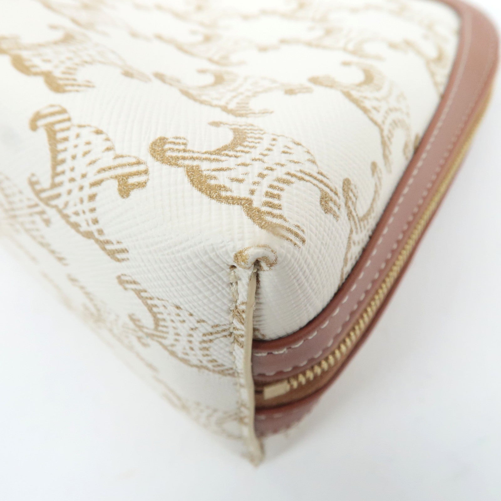 CELINE Triomphe PVC Leather Cosmetic Pouch White Brown