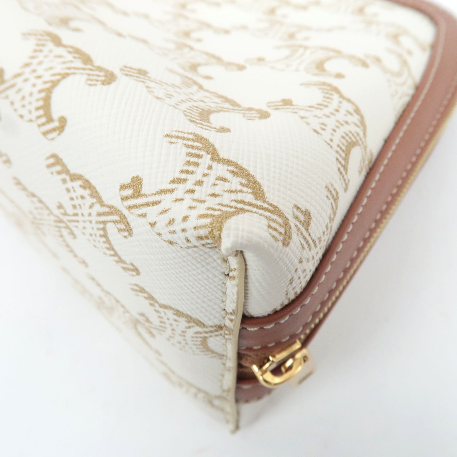 CELINE Triomphe PVC Leather Cosmetic Pouch White Brown