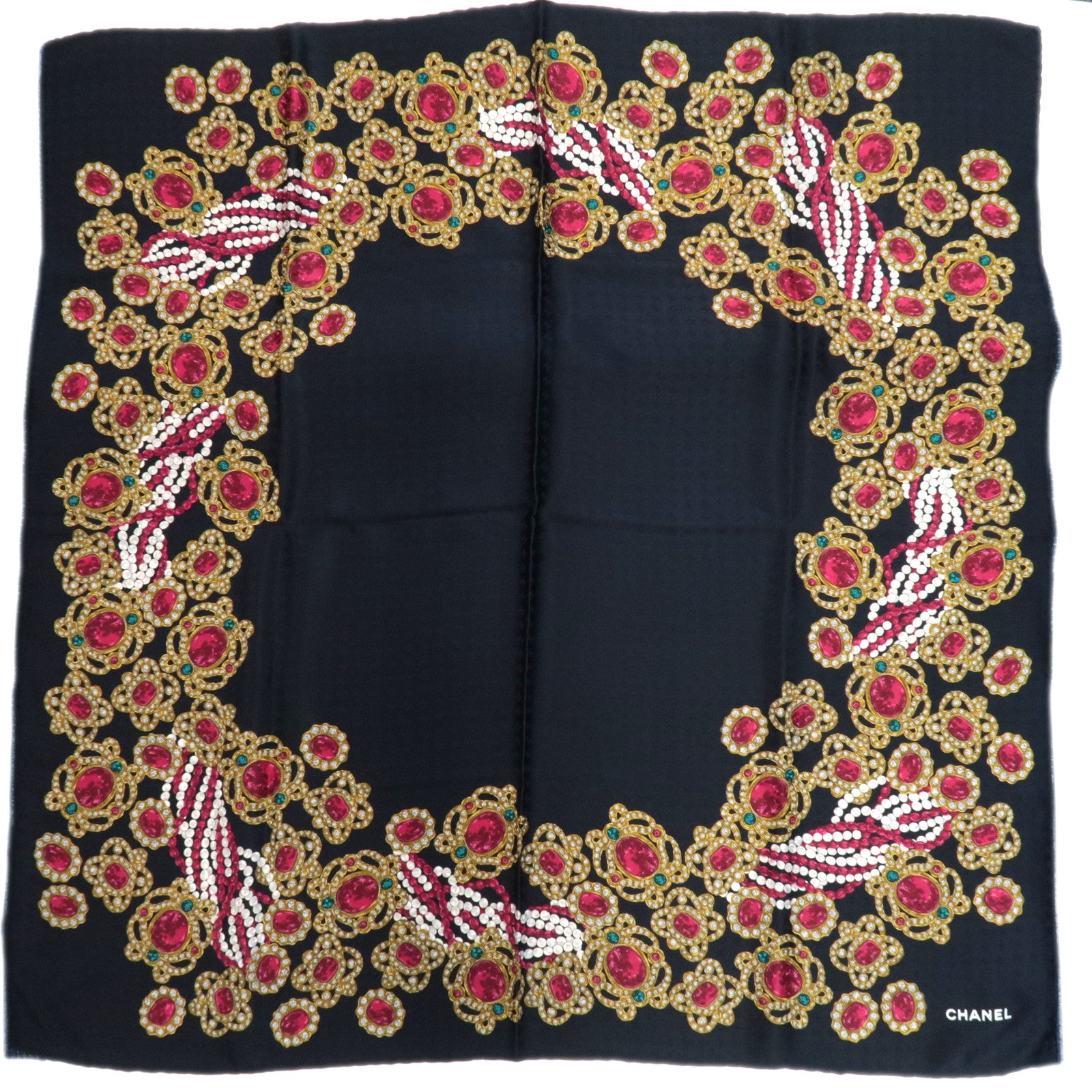 CHANEL Scarf Jewelry Print 100% Silk Black87697