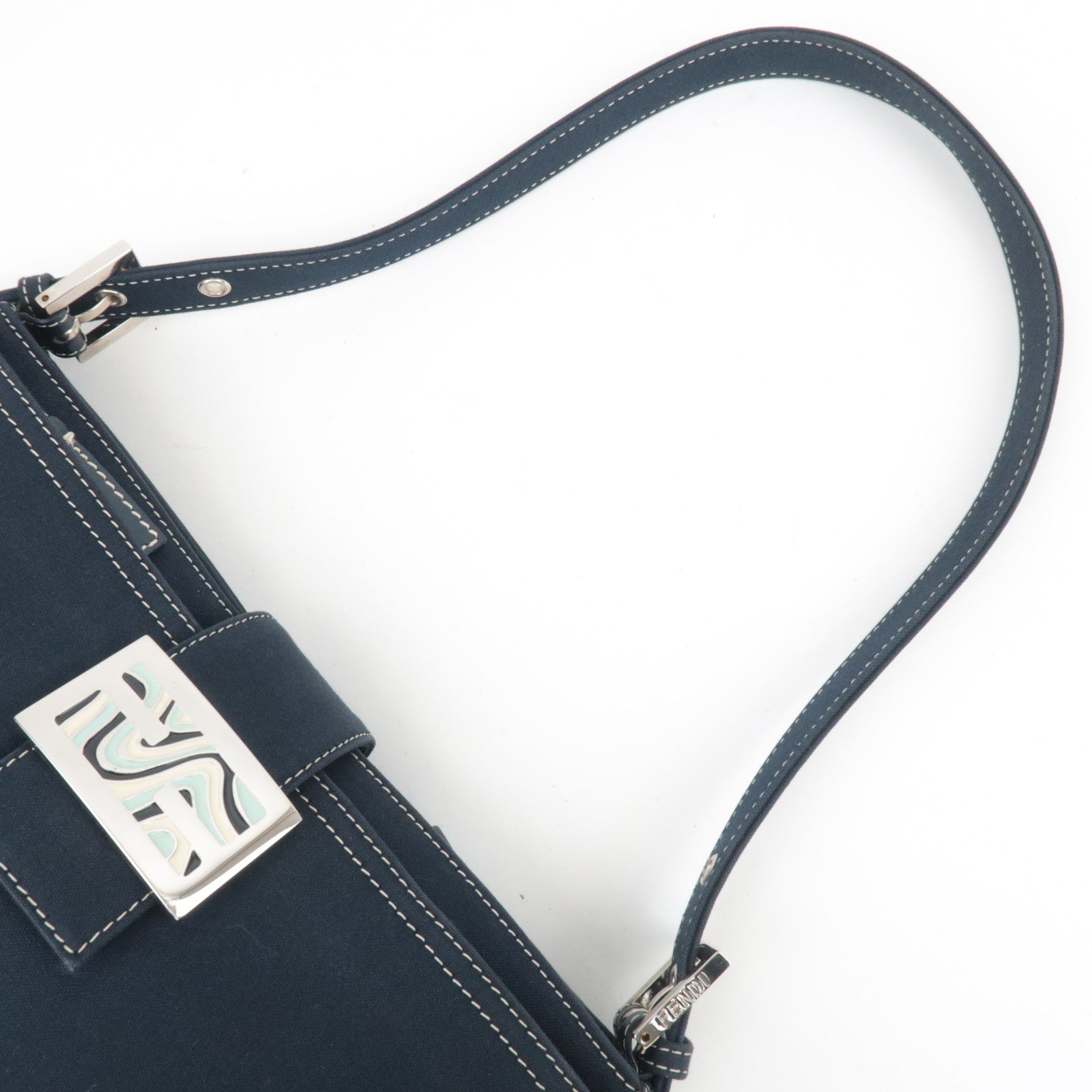 FENDI Canvas Leather Shoulder Bag Navy Marble