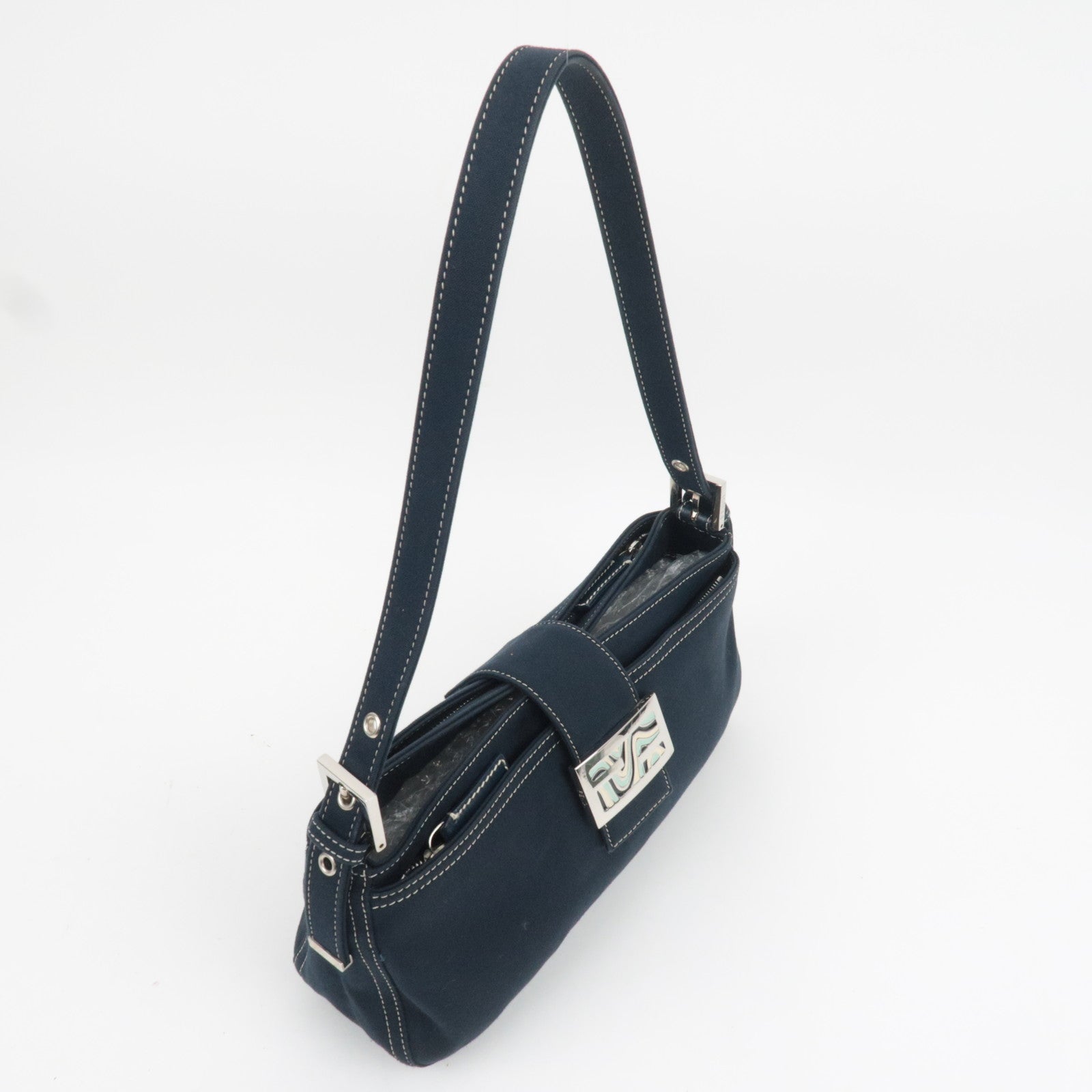 FENDI Canvas Leather Shoulder Bag Navy Marble