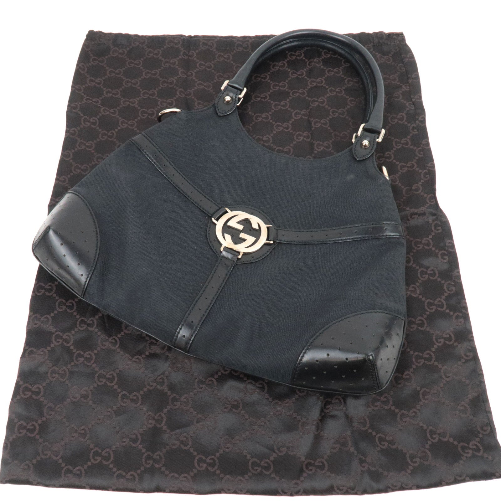 GUCCI Interlocking G Canvas Leather Shoulder Bag Black 114875